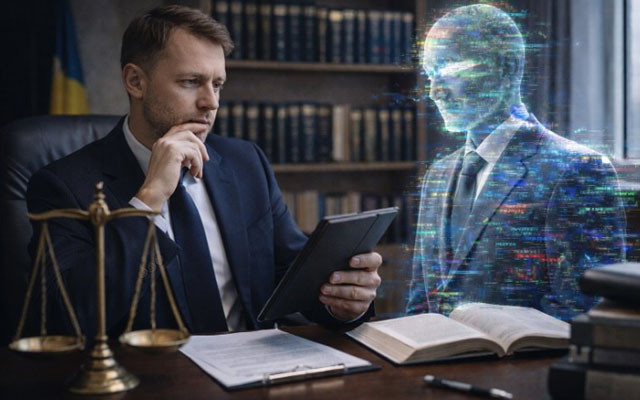 Юрист з планшетом поруч з голограмою штучного інтелекту. Ілюстрація: НААУ