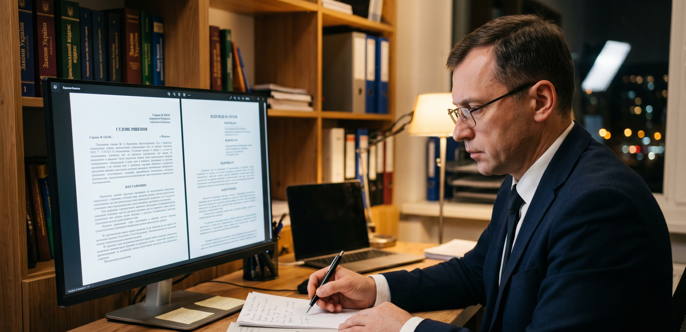 Юрист за робочим столом перевіряє документи на моніторі
